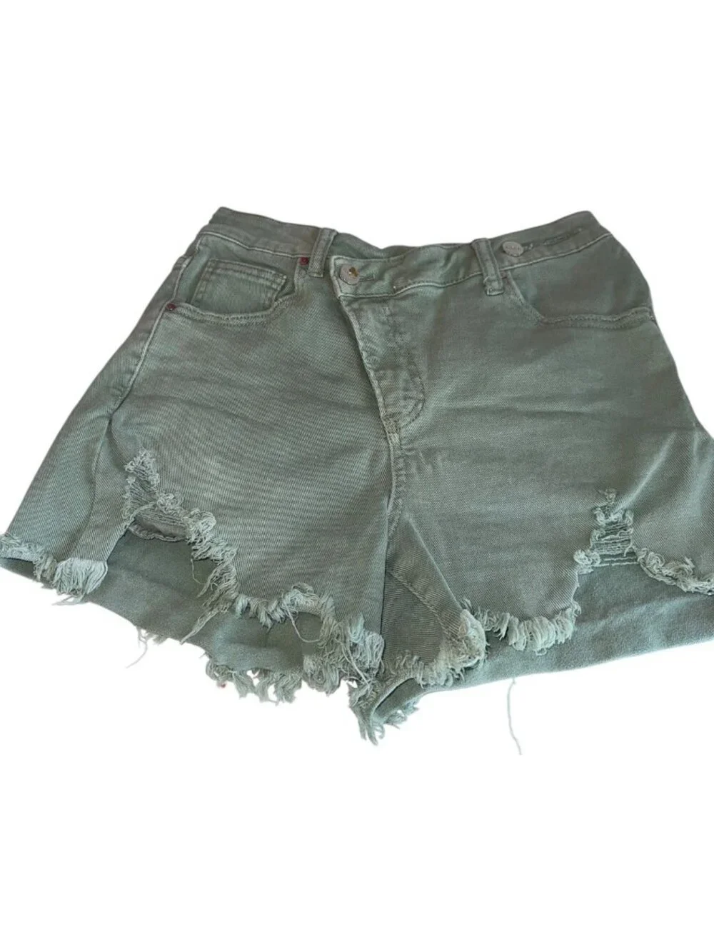 Willow Boutique x Risen Jeans Green Denim Cut Off Shorts M Fringe Pockets